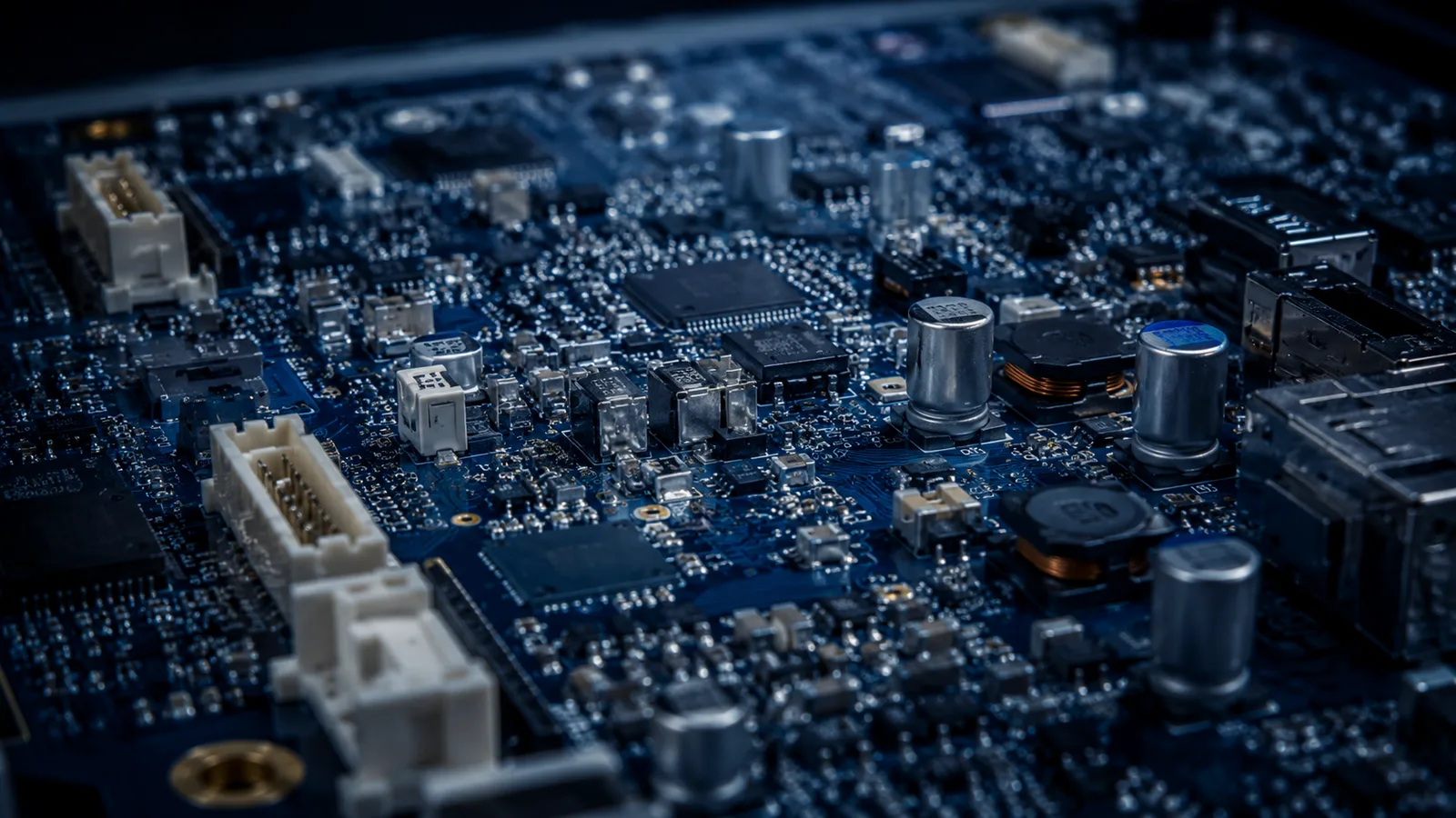 Macro photograph of a navy printed circuit board