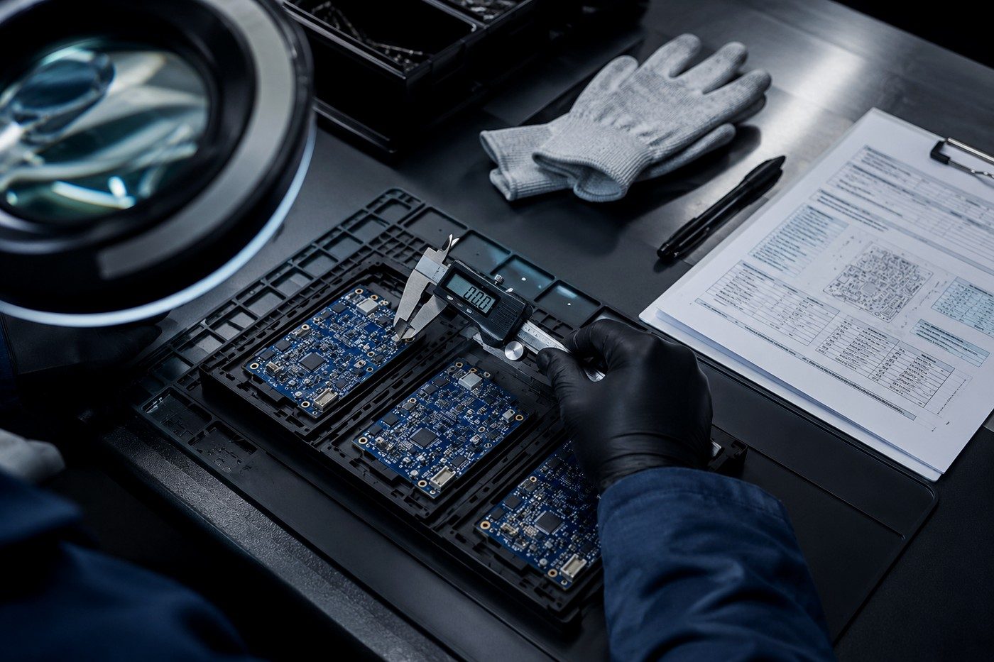 First-article inspection bench with a finished PCBA in an antistatic tray