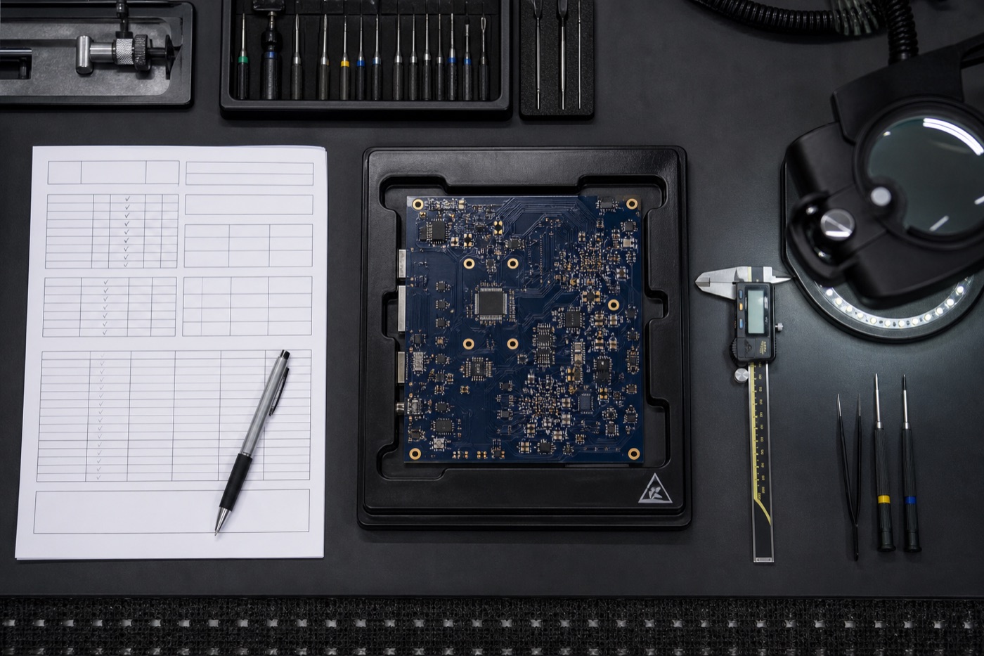 First-article inspection bench with a finished PCBA