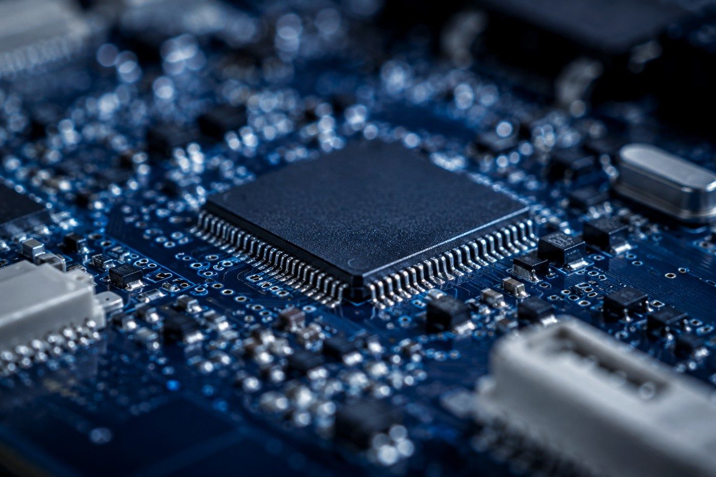 Macro view of QFP solder joints — what AOI checks on every board