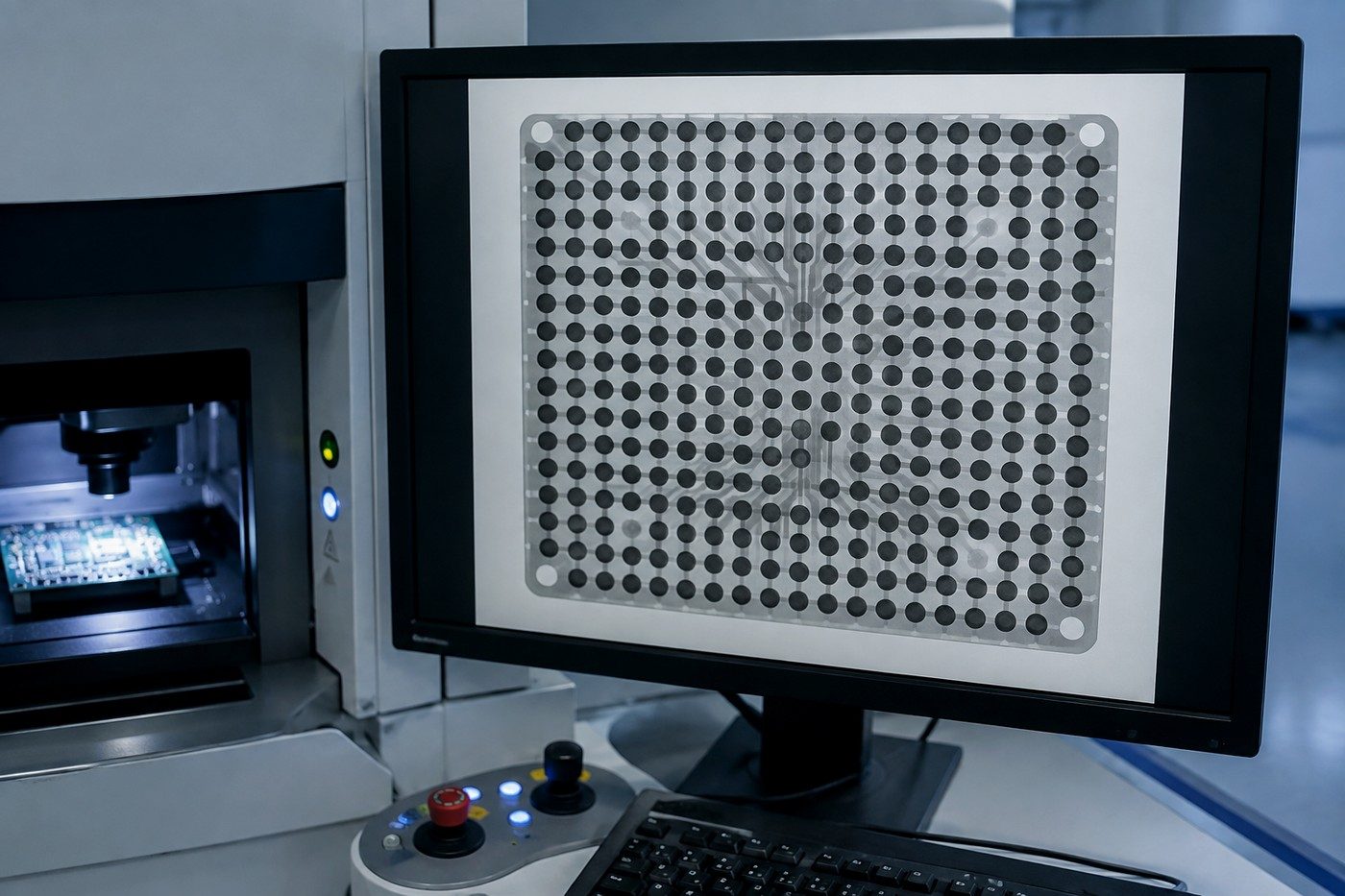 X-ray inspection station displaying a BGA solder-joint radiograph