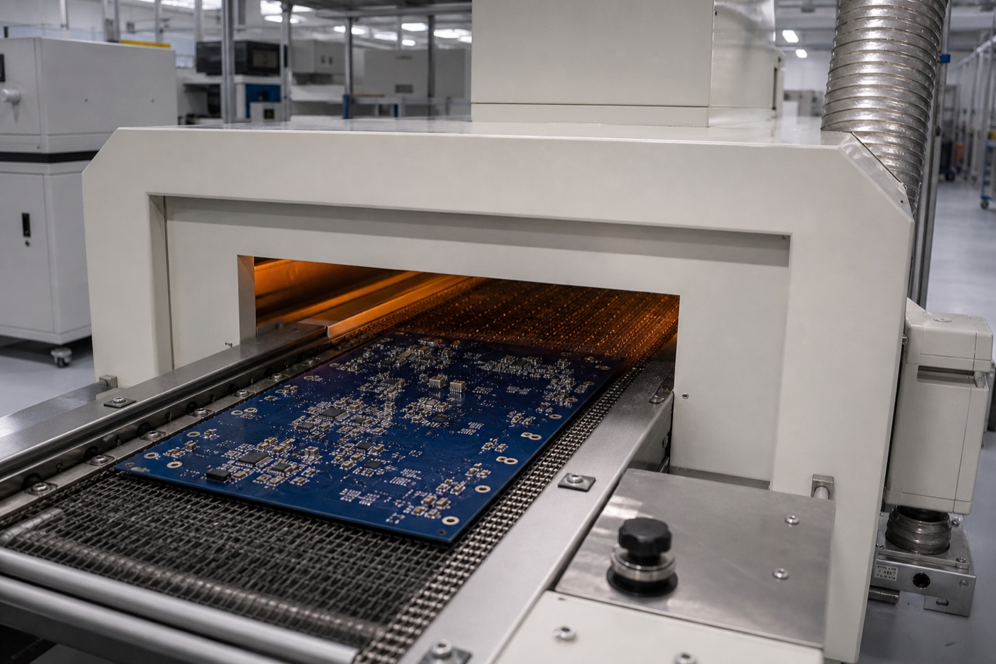 Board entering a reflow oven on a conveyor